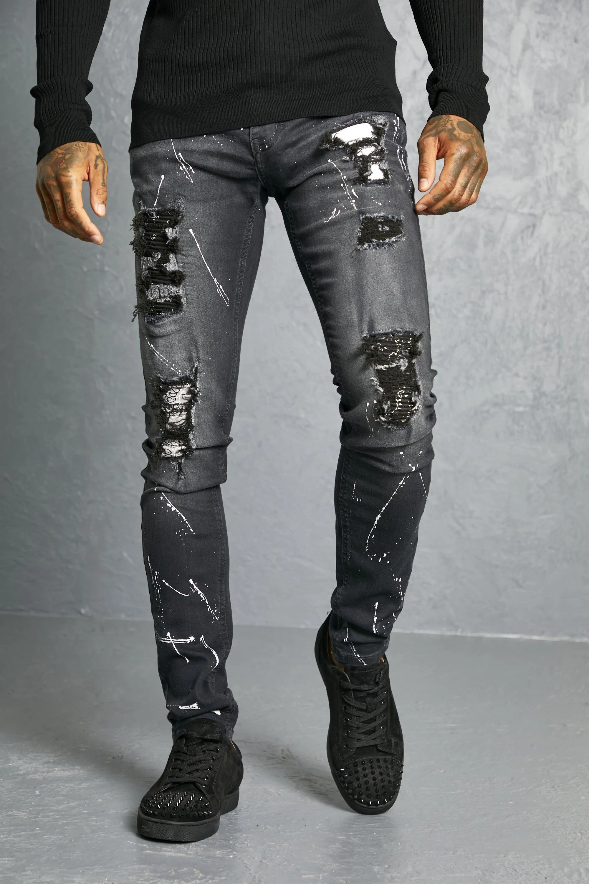 Skinny Stack Bandana Rip & Repair Biker Jeans