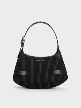 Striped Metallic-Accent Curved Shoulder Bag - Dark Grey