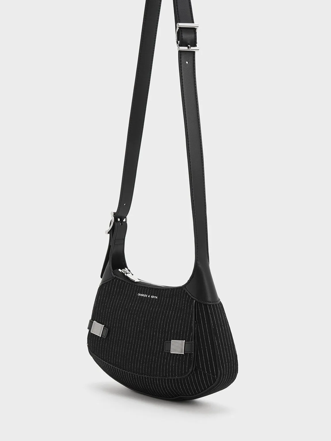 Striped Metallic-Accent Curved Shoulder Bag - Dark Grey