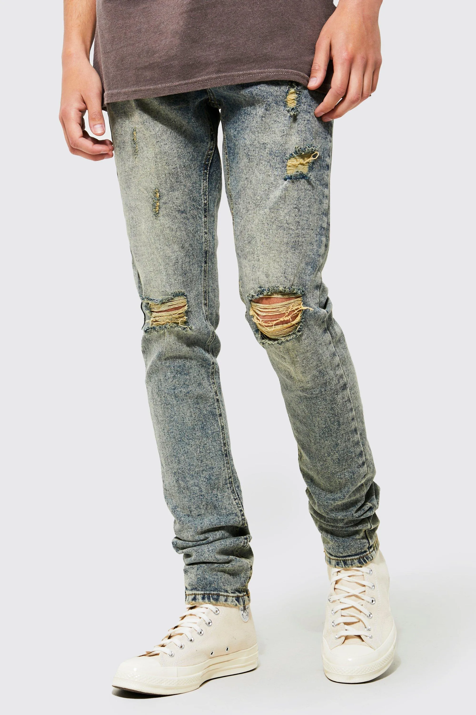 Super Skinny Stacked Busted Knee Jeans