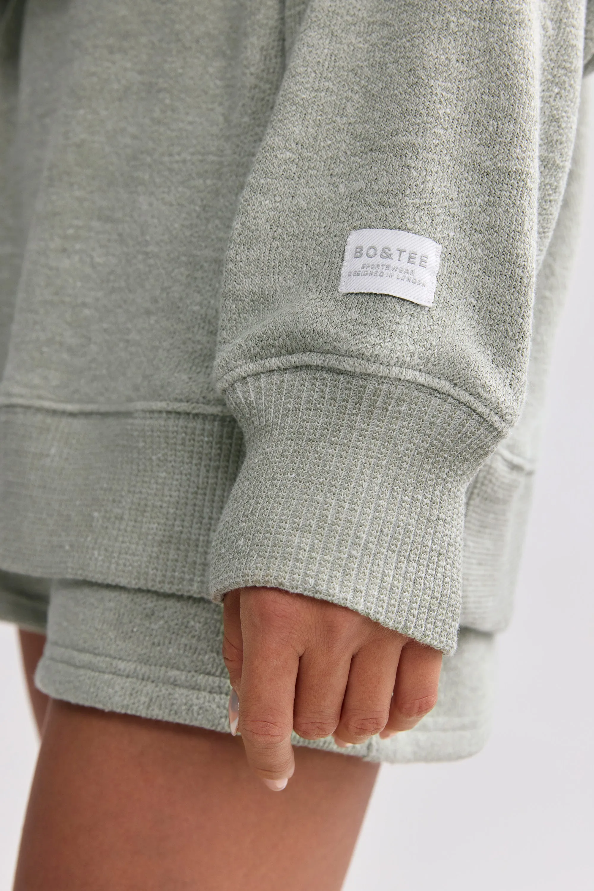 Terry Towelling V-Neck Hoodie in Sage Grey