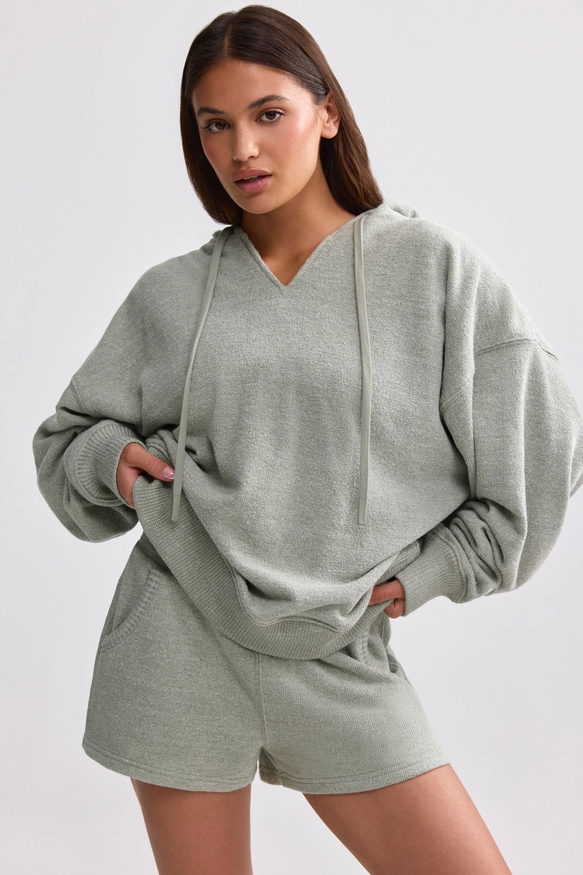 Terry Towelling V-Neck Hoodie in Sage Grey