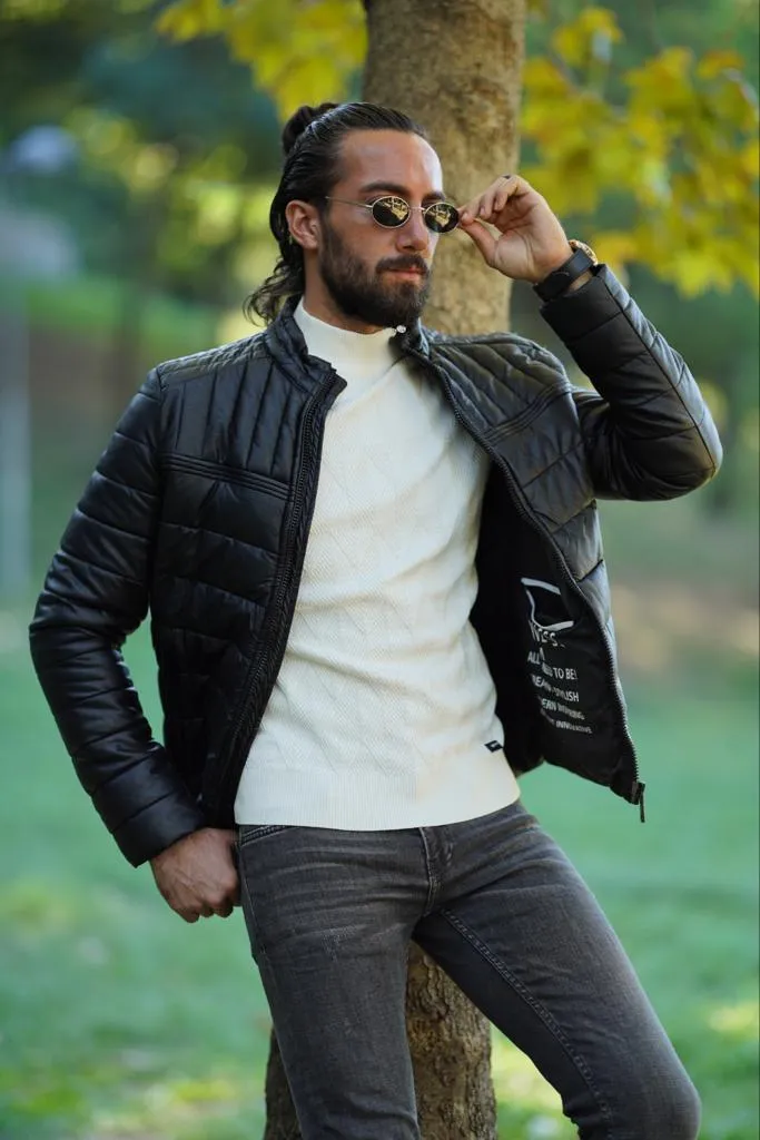 Thread Slim Fit Black Faux Leather Jacket