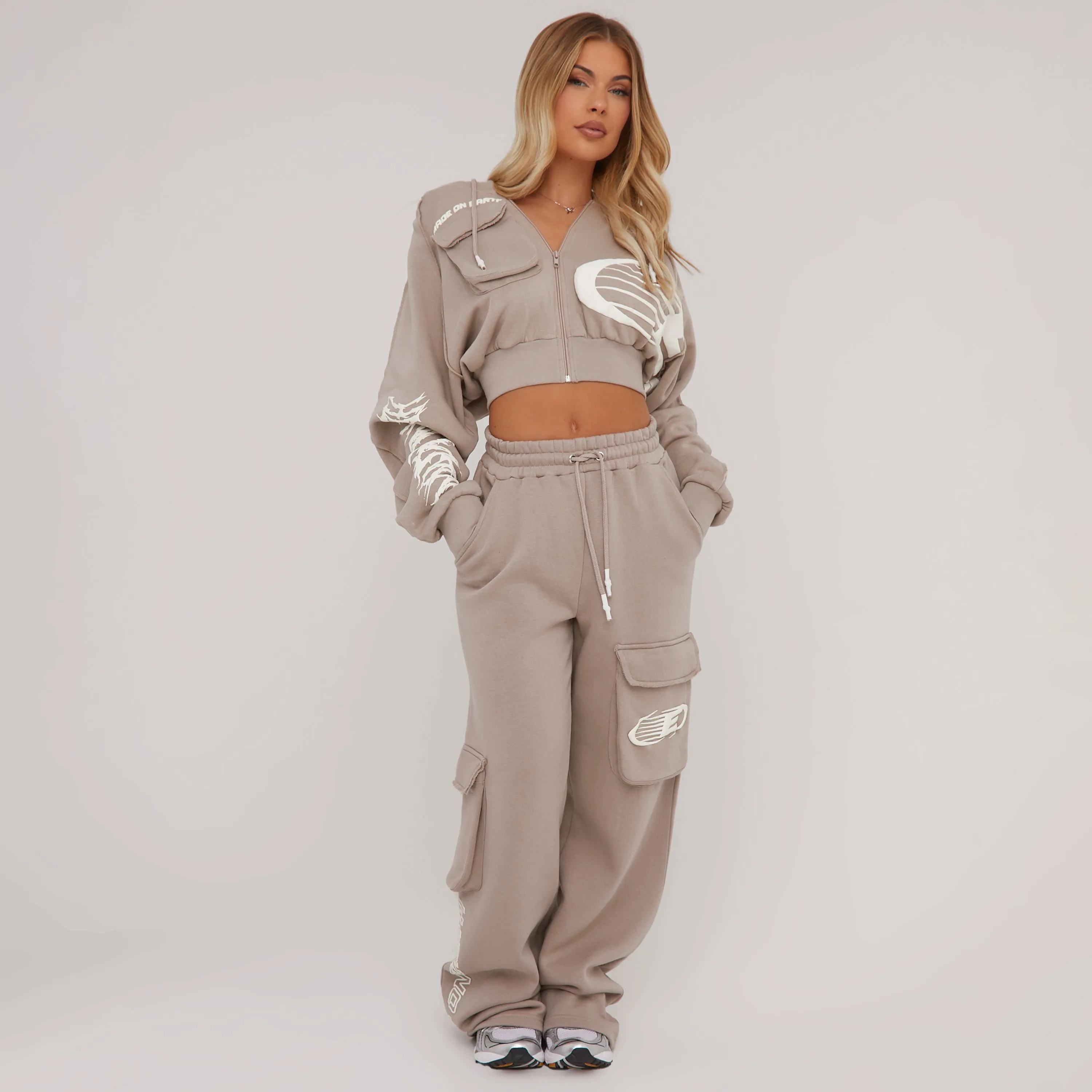 Tie Waist 'Made On Earth' Graphic Slogan Print Straight Leg Joggers In Taupe