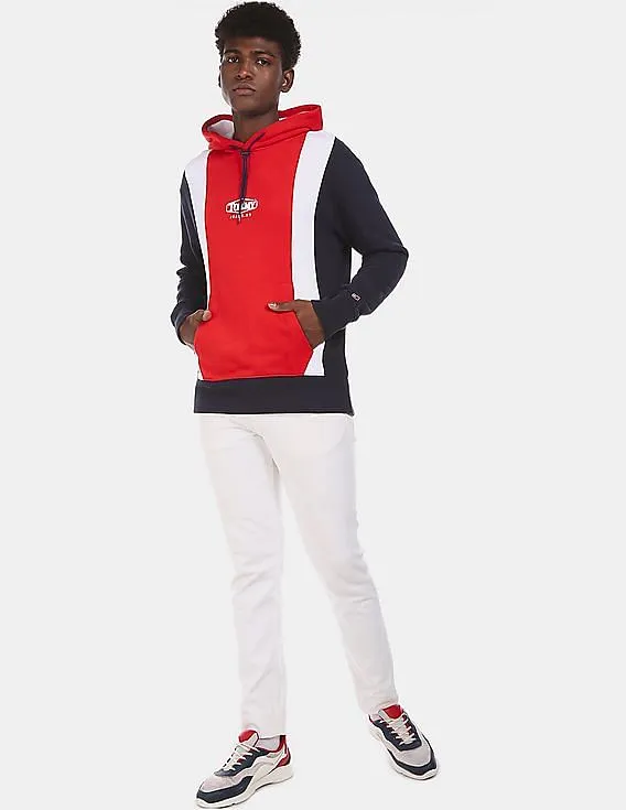 Tommy Hilfiger Men Navy And Red Regular Fit Colour Block Hoodie