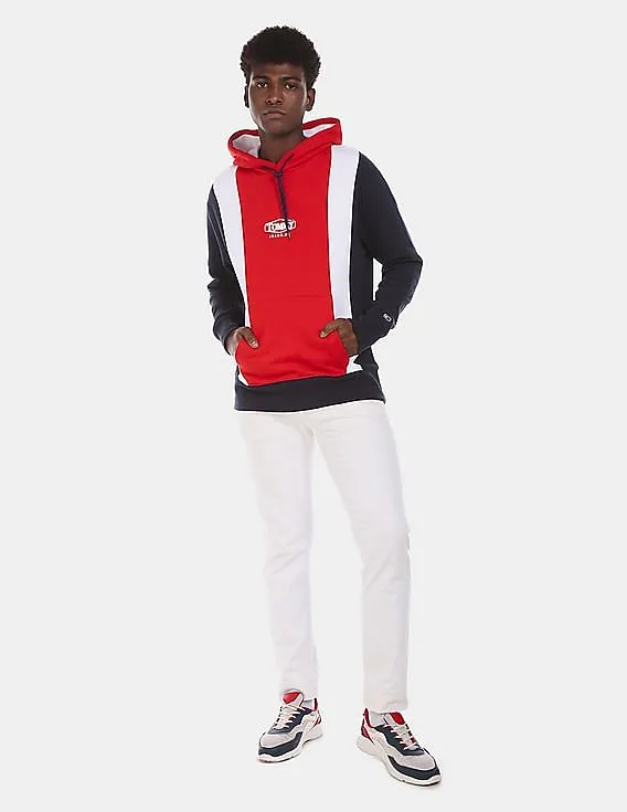 Tommy Hilfiger Men Navy And Red Regular Fit Colour Block Hoodie