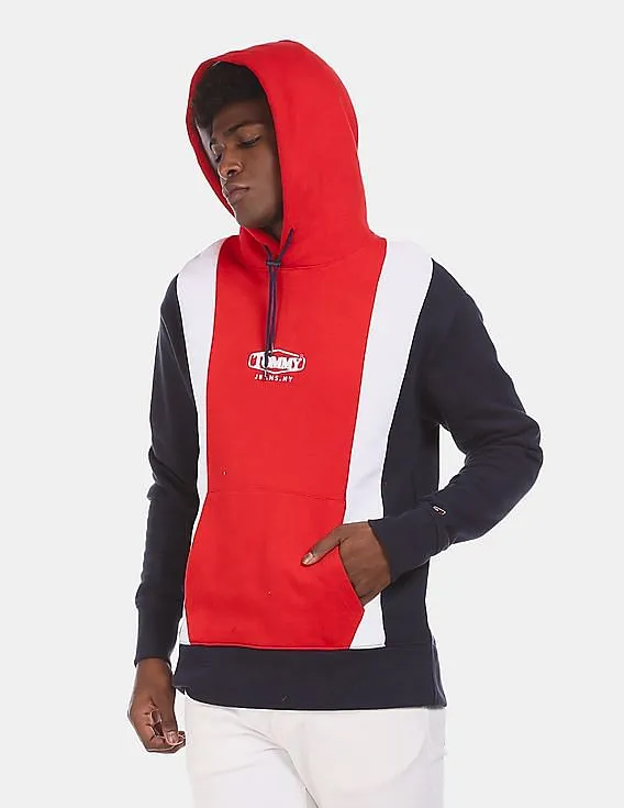 Tommy Hilfiger Men Navy And Red Regular Fit Colour Block Hoodie