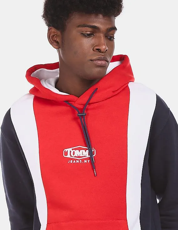 Tommy Hilfiger Men Navy And Red Regular Fit Colour Block Hoodie