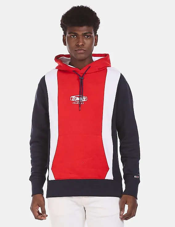 Tommy Hilfiger Men Navy And Red Regular Fit Colour Block Hoodie