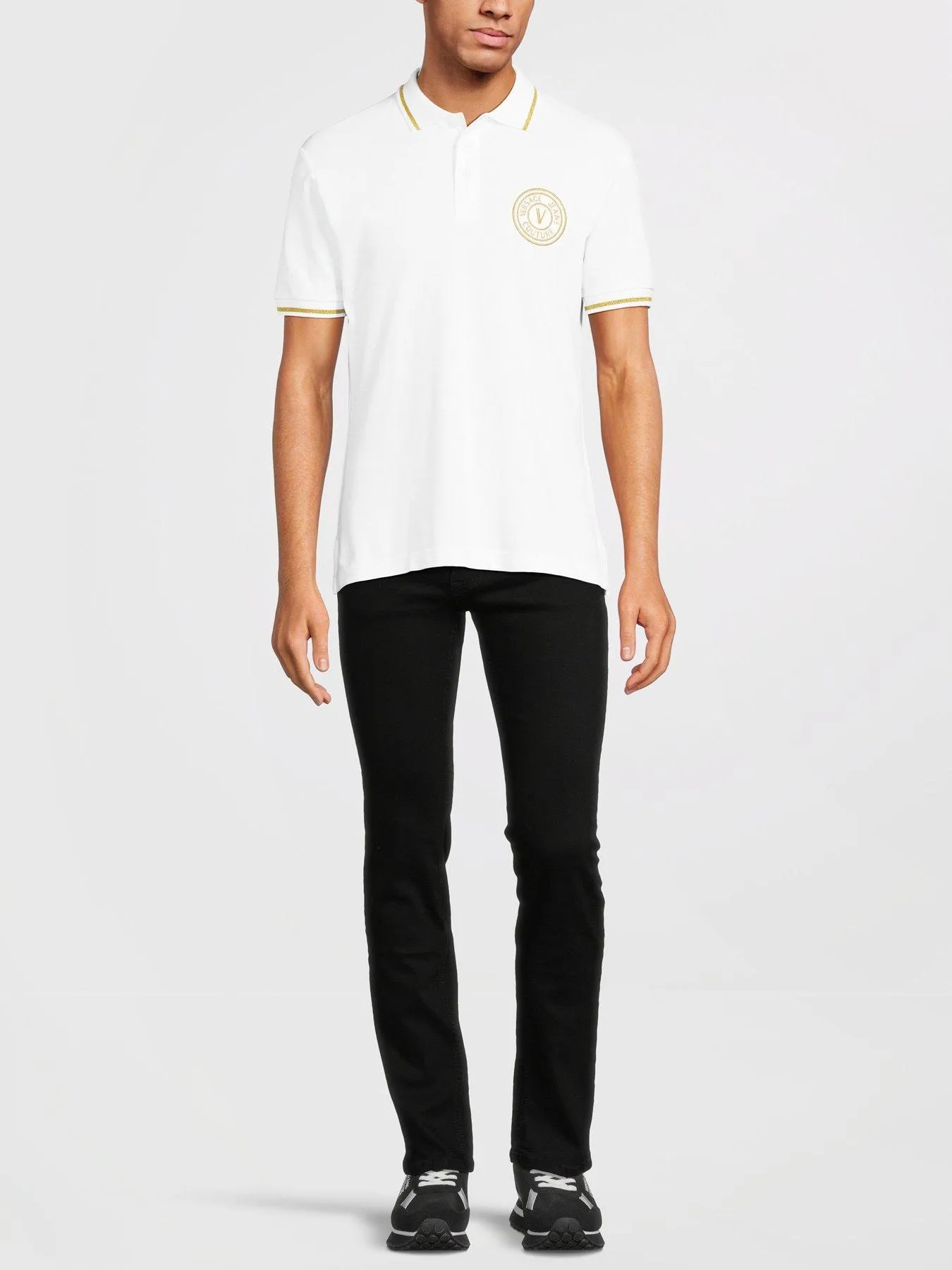 Versace Jeans Couture Gold Embroided Logo Pique Polo Shirt - White