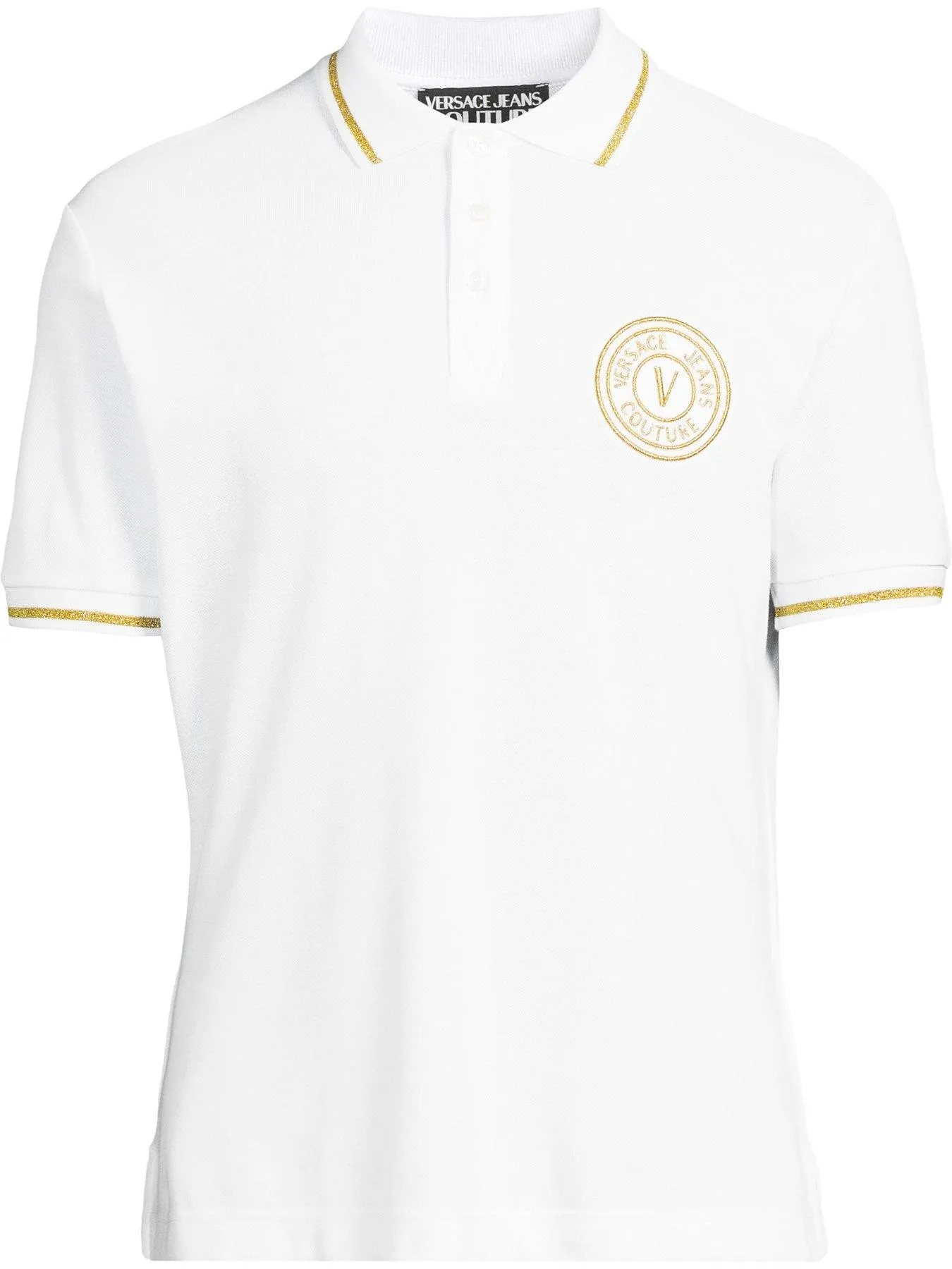 Versace Jeans Couture Gold Embroided Logo Pique Polo Shirt - White