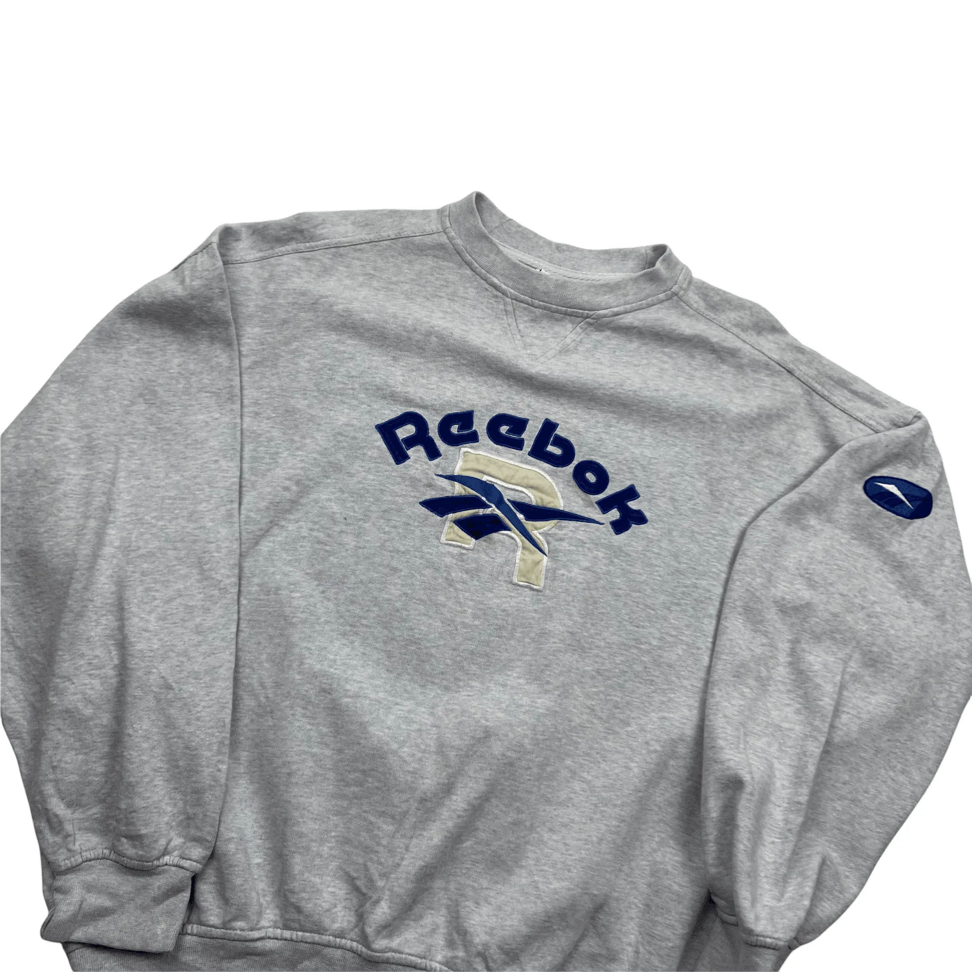 Vintage 90s Women's Grey/ Blue Reebok Spell-Out Sweatshirt - Medium