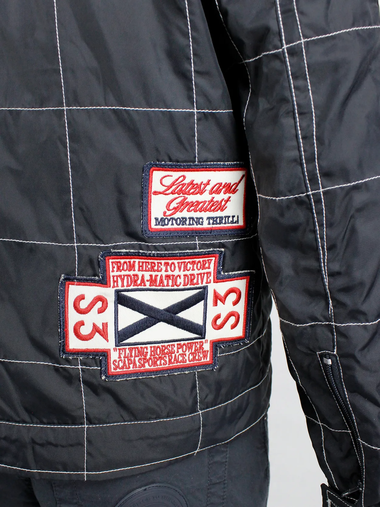 Walter Van Beirendonck for Scapa dark blue ‘Formula 1’ jacket with red stripes and patches