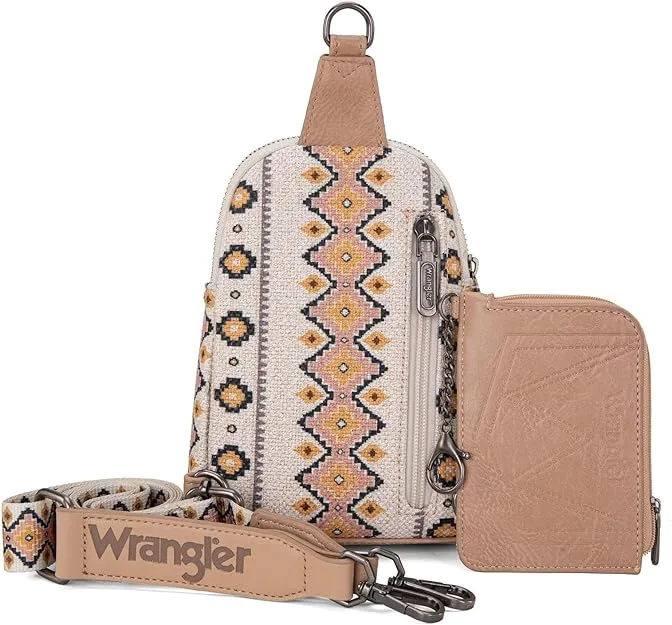 WG2205-210W  Wrangler Aztec Print Crossbody Sling Chest Bag With Zip Card Holder Set -Tan