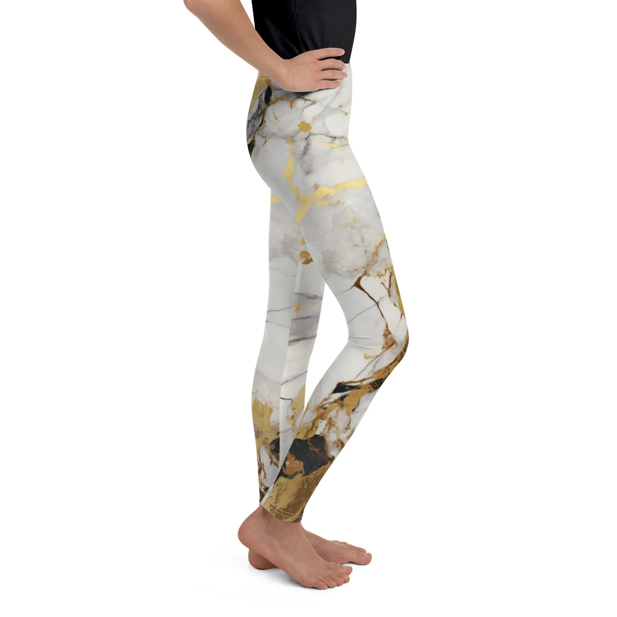 White & Gold Marble Youth Leggings