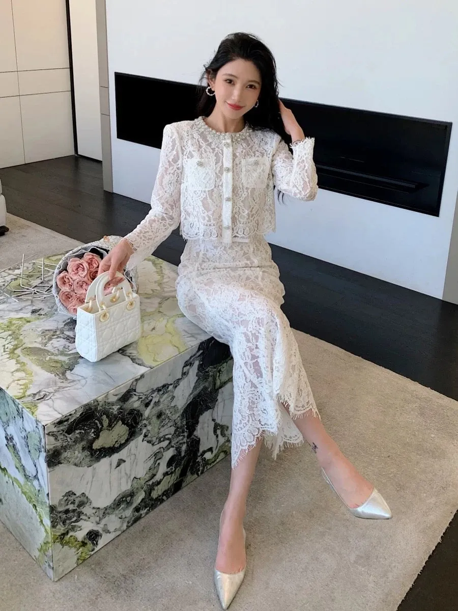 White lace sexy see-through cardigan top fishtail half-length skirt high-end French style fairy suit