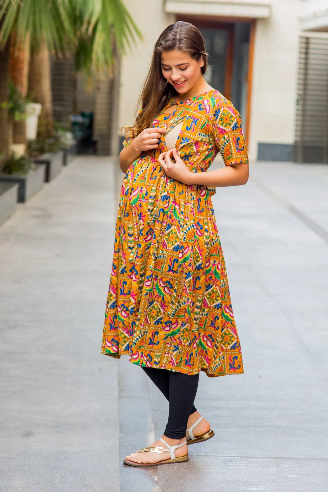 Yellow Threadwork Concealed Zip Maternity & Nursing Kurta